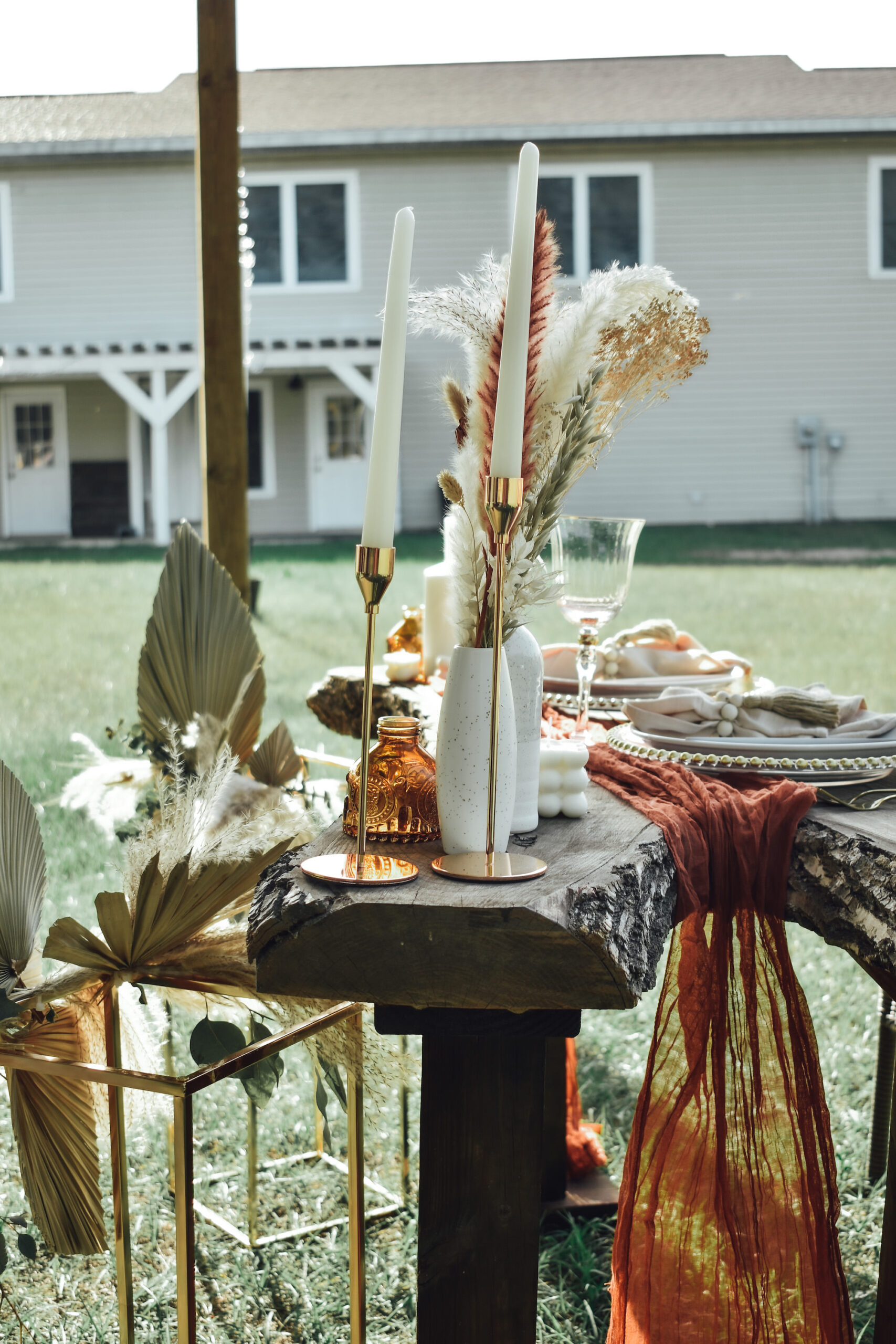 Boho Wedding Reception Inspiration | Natural Florals Sweetheart Table with Pampas and Dried Leaves Wedding Centerpieces | Tampa Bay Wedding Planner Kelci Leigh Events