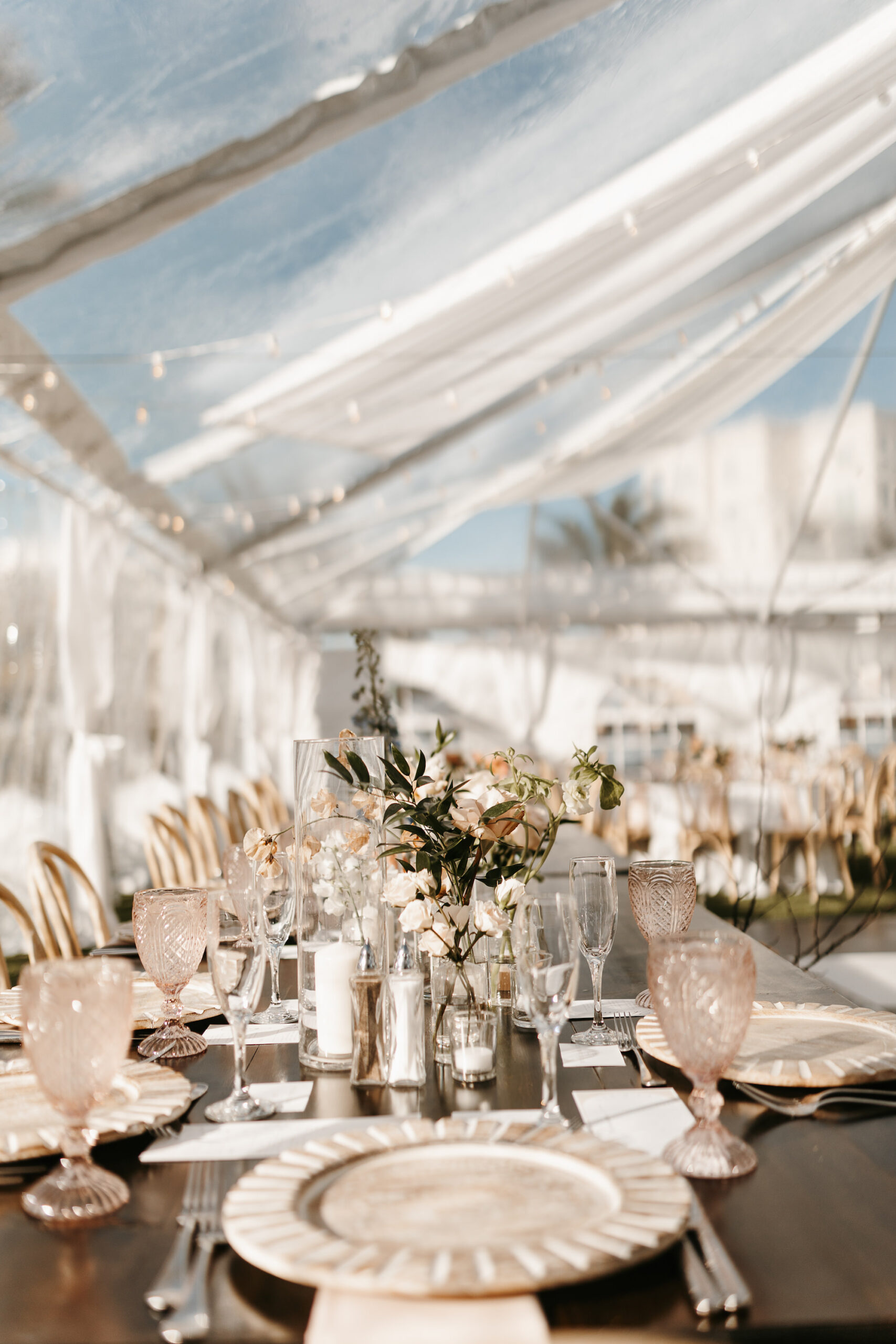 Classic Wedding Reception Table Decor Centerpiece | Blush Pink Goblets | Wooden Chargers | Tablescape Inspiration