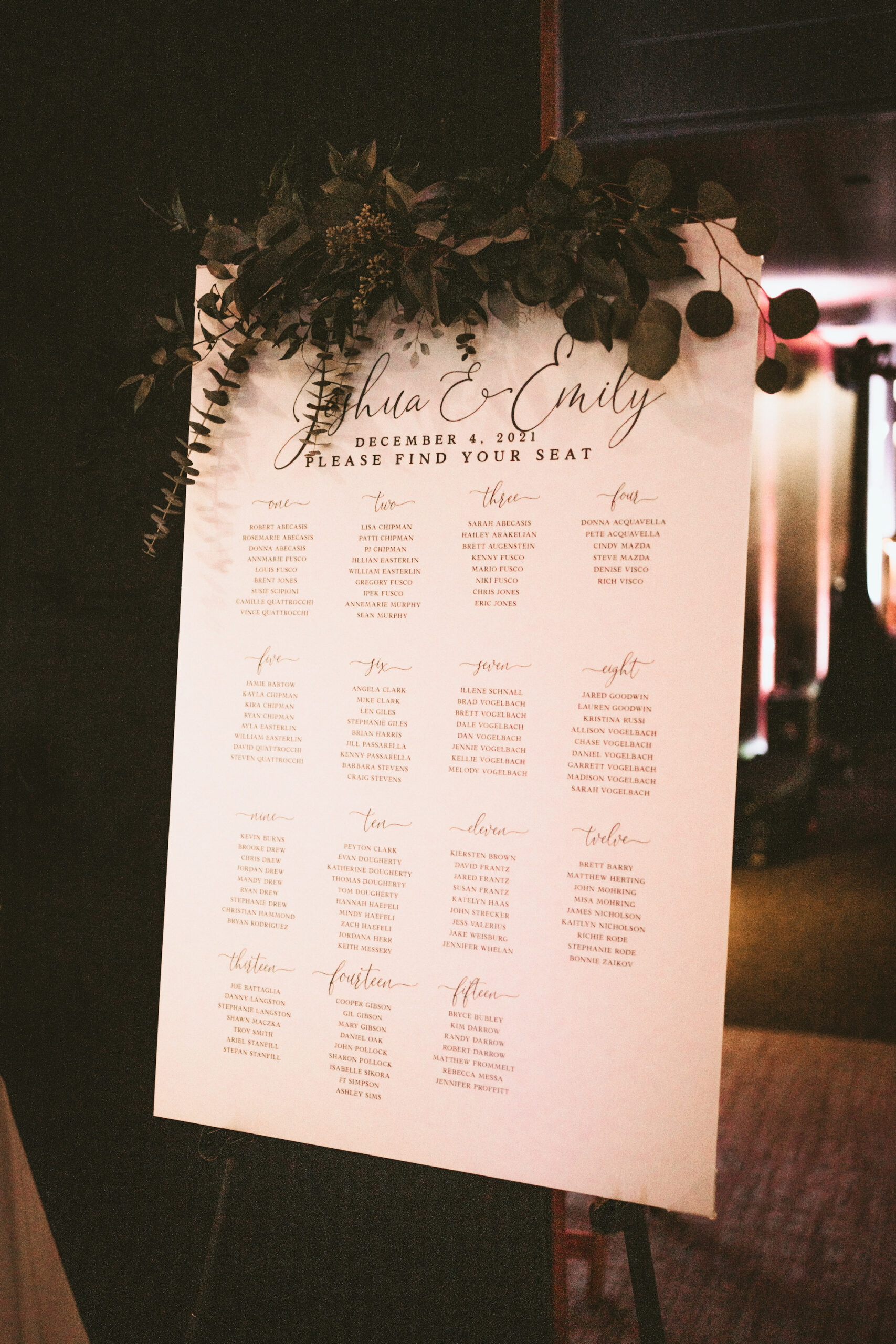 White Wedding Seating Chart with Greenery Detailing