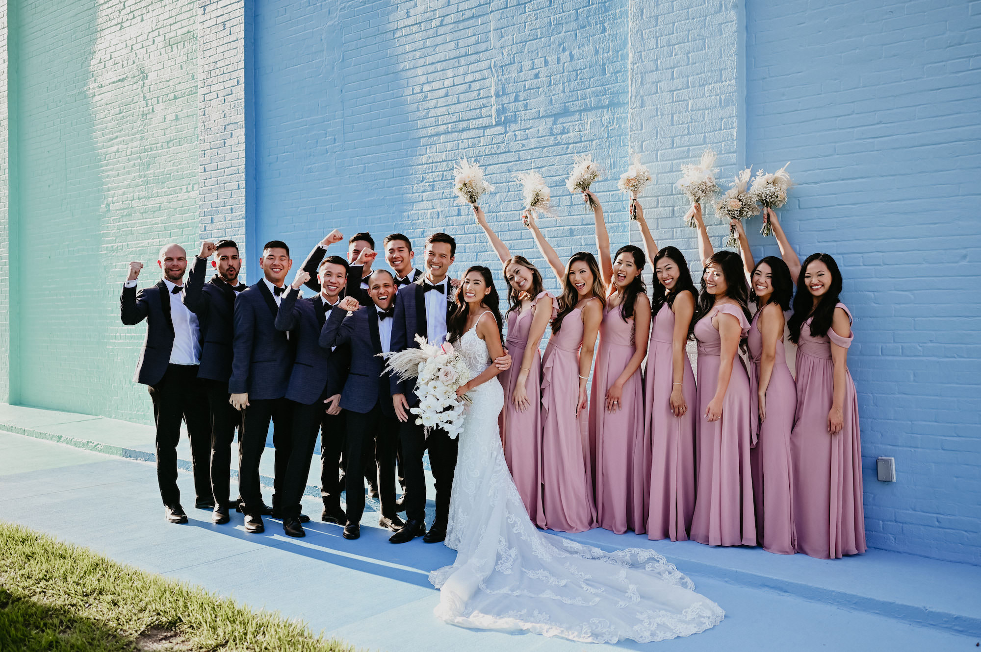 Bride and Groom with Bridal Party in Front of Lakeland Murals Wedding Portraits