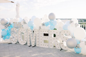 White Light Up Marquee Letters with Blue, Silver, and White Balloons