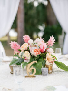 Luxurious Classic Wedding Reception Decor, Low Pink and Peach with Greenery Floral Low Bouquet, Gold Wooden Laser Cut Table Number | Tampa Wedding Florist Botanica International Design Studio