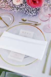 Reception Dinner Menu with Gold Charger and Rose Glasses