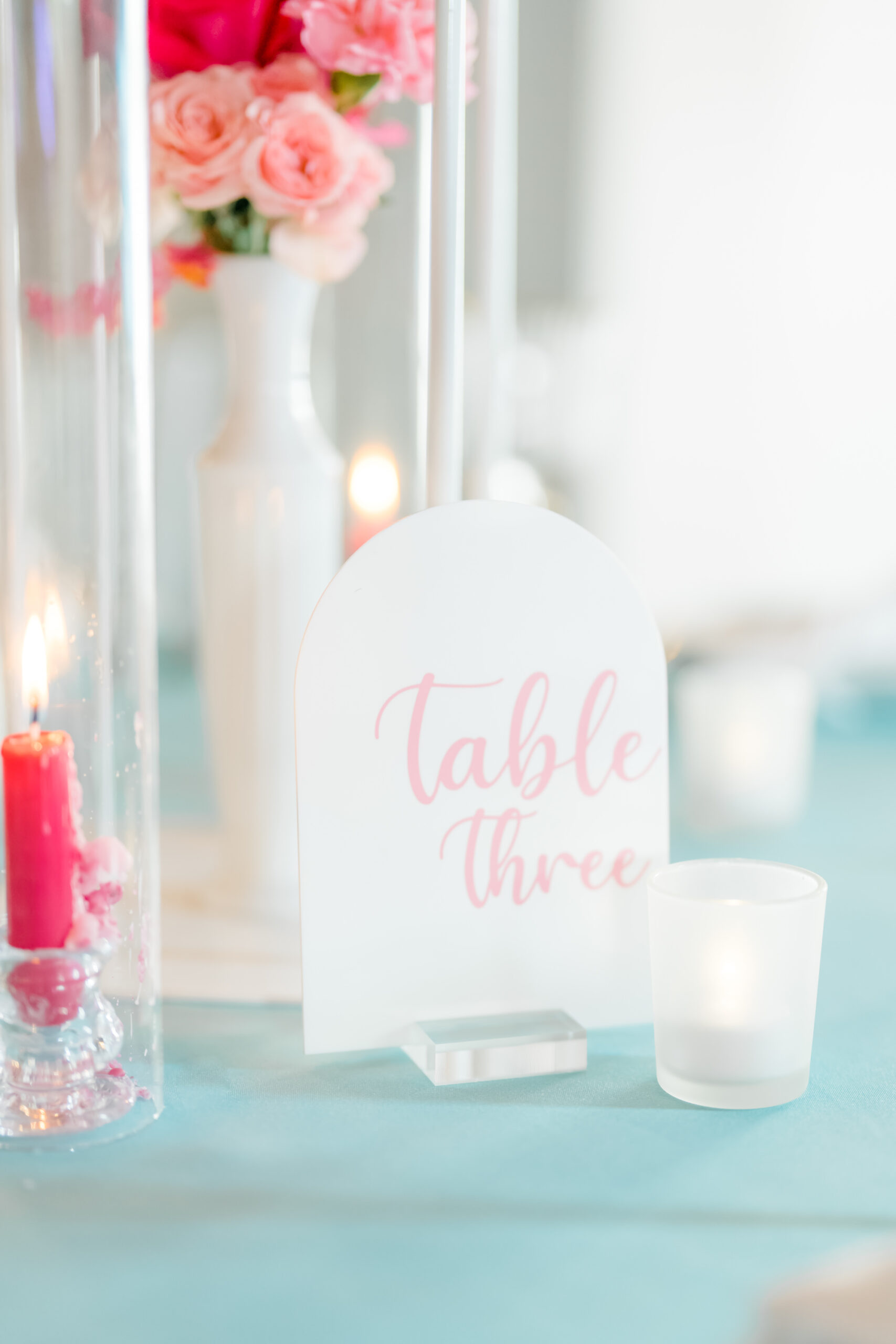 Whimsical Summer Inspired Wedding Decor, Turquoise Table Linen, Arched White and Pink Acrylic Table Number Signage