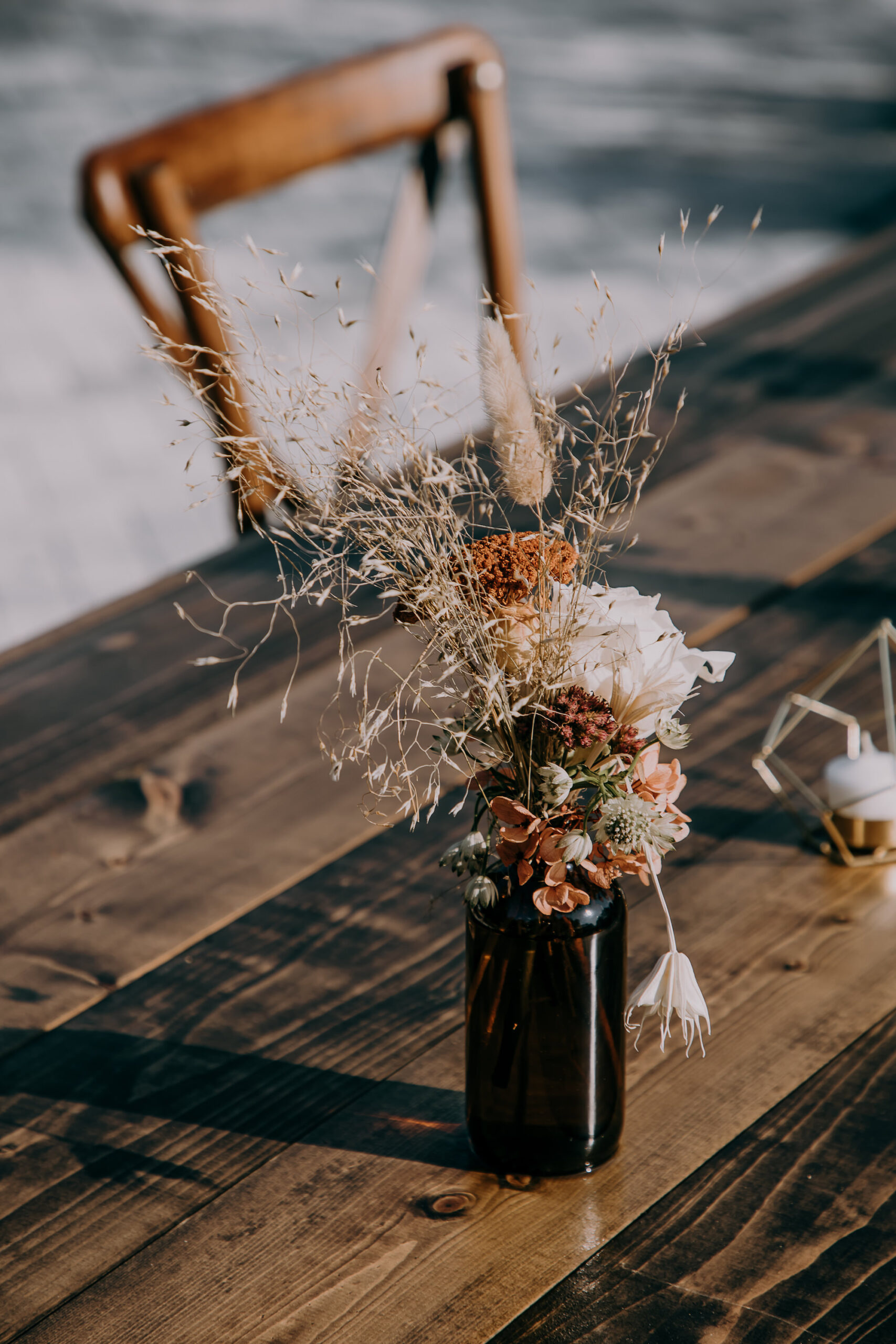 Boho Vintage Wedding Reception Decor, Wooden Table with Dried Flowers Floral Centerpiece | Tampa Bay Wedding Planner Stephany Perry Events
