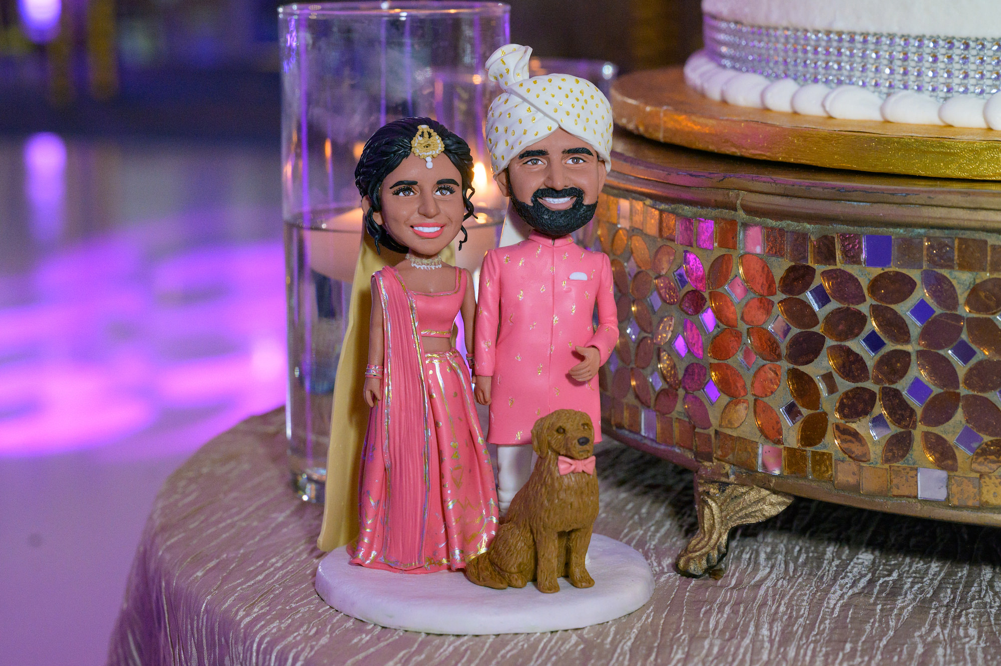 Unique Custom Bobblehead Cake Topper, Indian Bride and Groom and Pet Dog