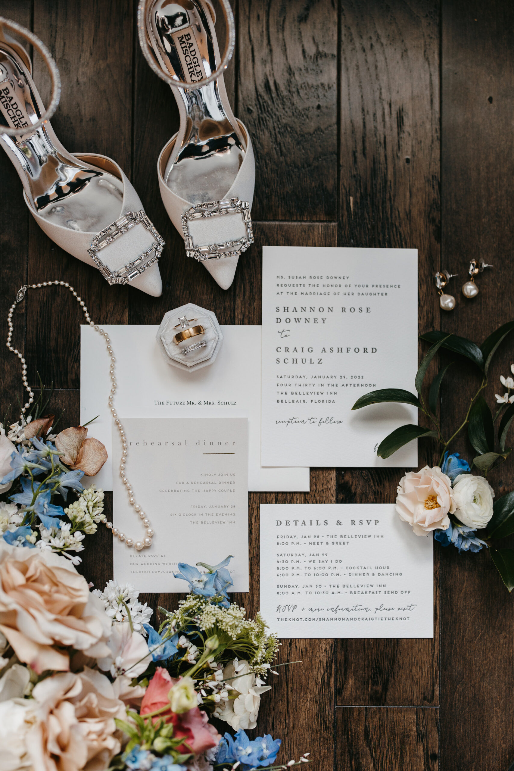 Classic White Wedding Invitation Suite | Octagon Velvet Engagement and Wedding Ring Box | Badgley Mischka Bridal Wedding Shoes