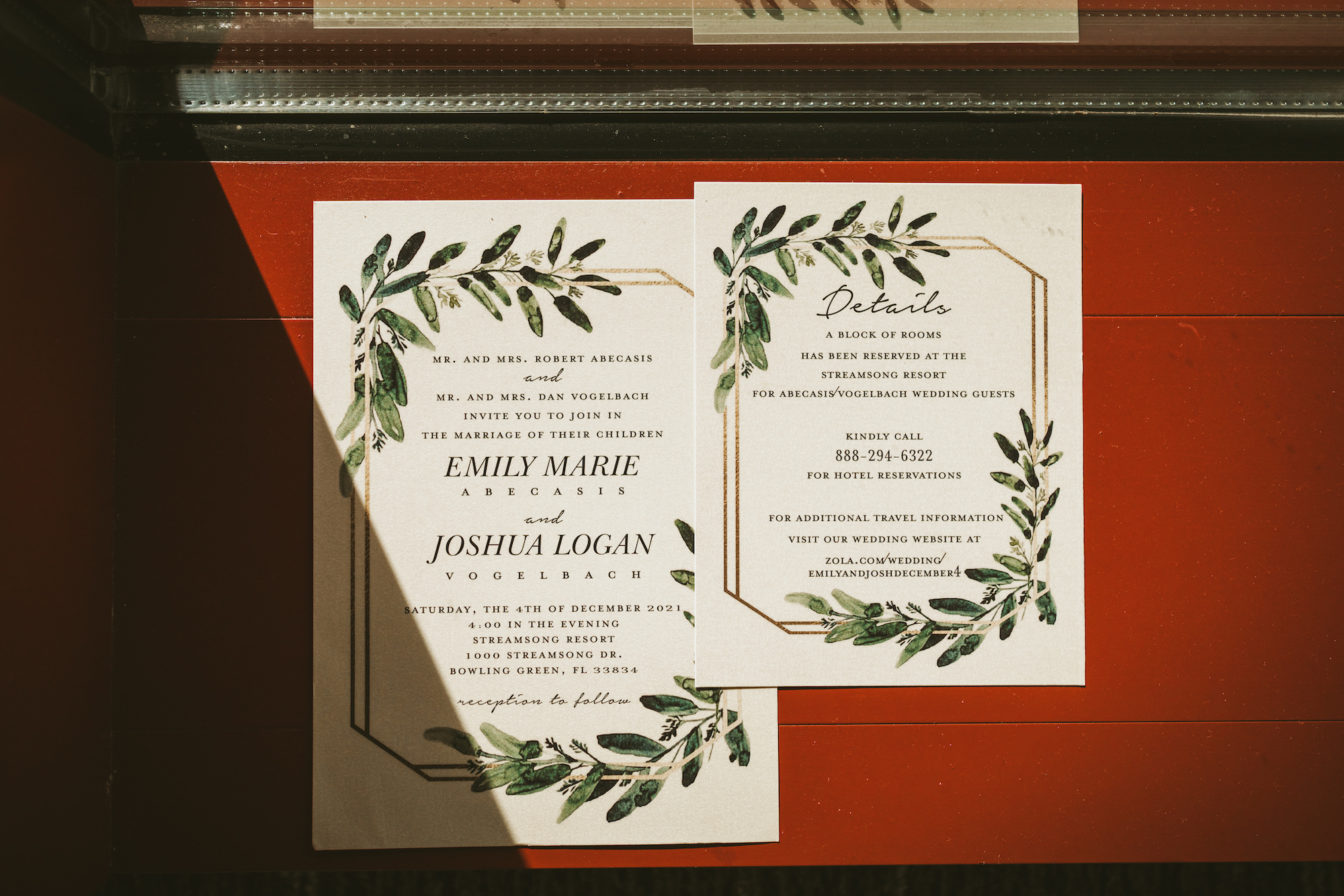 Flatlay Invitations with Greenery Rustic Detail and Gold Trim | Florida Wedding Photographer Mars and The Moon Films
