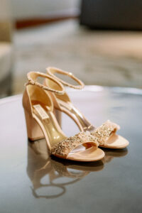 Beige Nude Rhinestone and Tulle Flower Embellished Wedding Block Heel Shoes | Tampa Bay Wedding Photographer Dewitt for Love