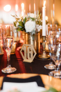 Classic Timeless Wedding Reception Decor, Gold Candlesticks, Wooden Laser Cut Geometric Shape Table Number