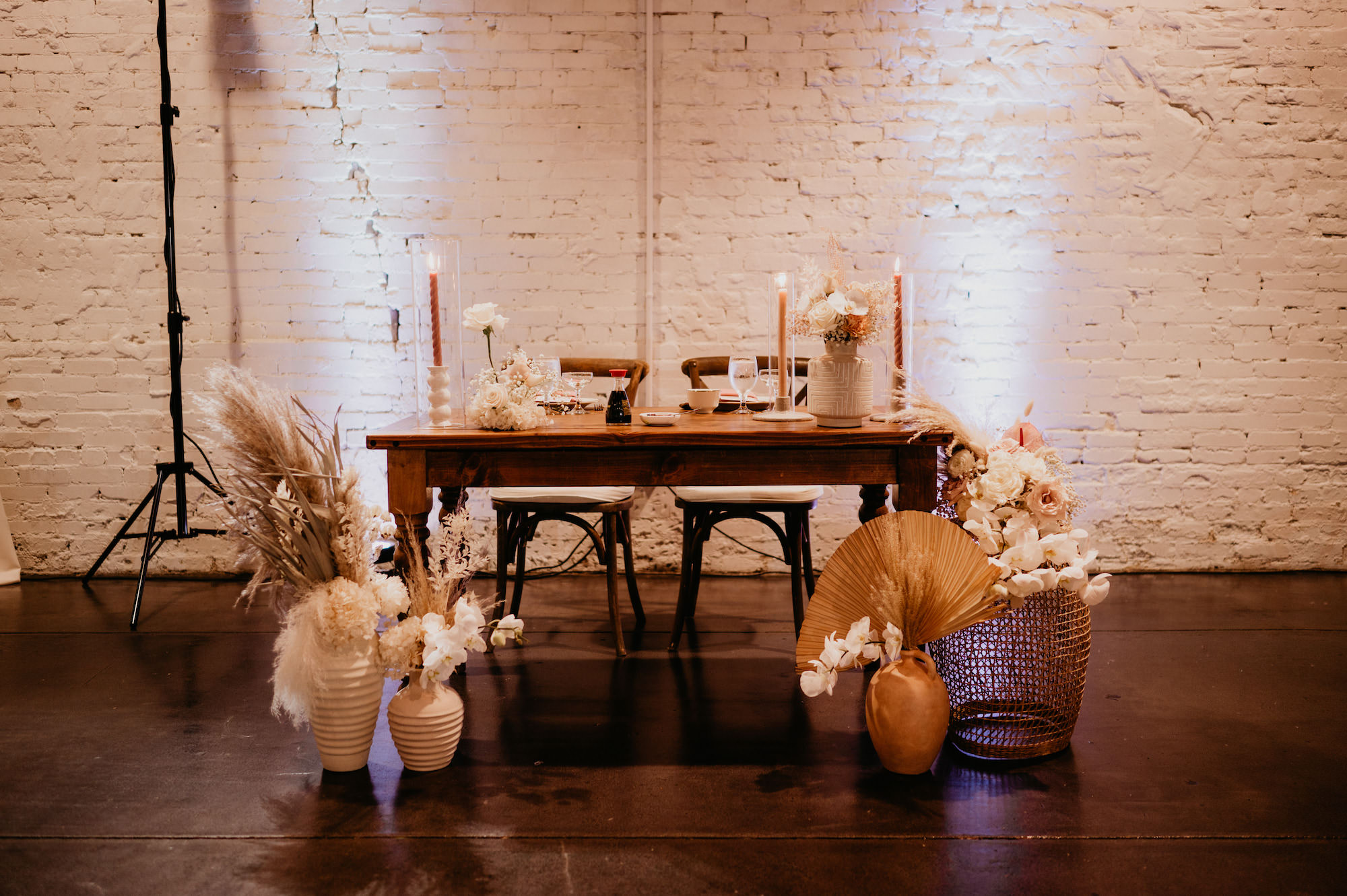 Boho Sweetheart Table for Bride and Groom Wooden with Dried Floral Details | Florida Rentals A Chair Affair | Wedding Venue in Florida Haus 820