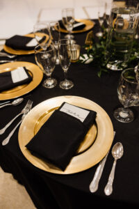Classic Timeless Wedding Reception Decor, Black Table Linens, Gold Chargers