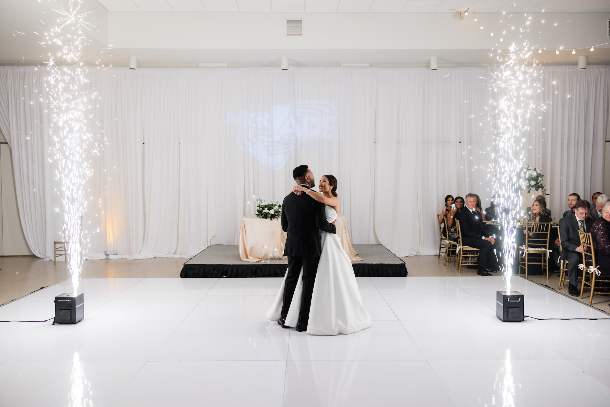 Classic Timeless Bride and Groom New Years Eve Wedding Reception, Bride and Groom First Dance with Sparklers