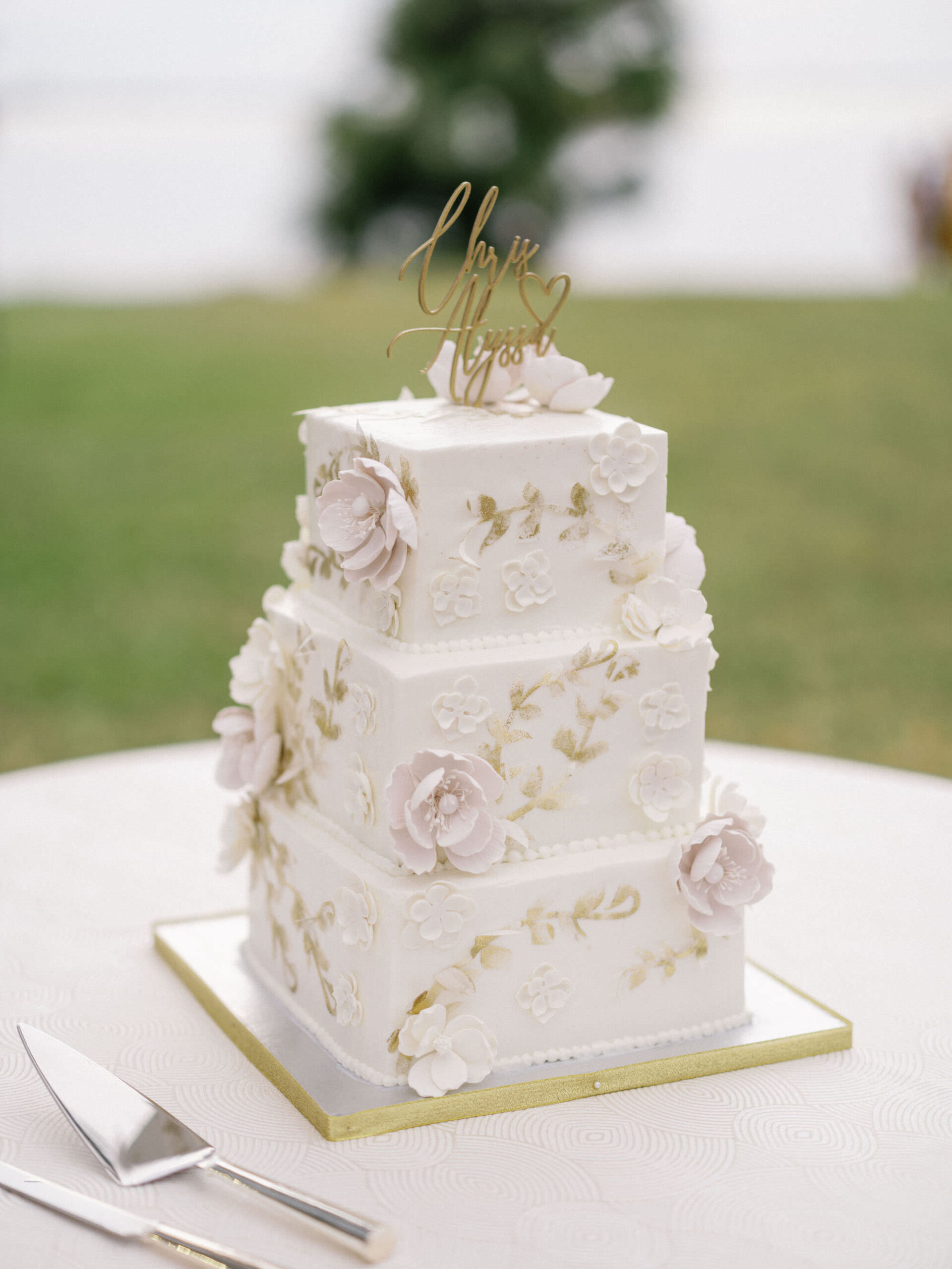 Luxurious Classic Wedding Reception, Three Tier Square Cake with Gold Painted Leaves and Sugar Flowers with Gold Laser Cut Cake Topper