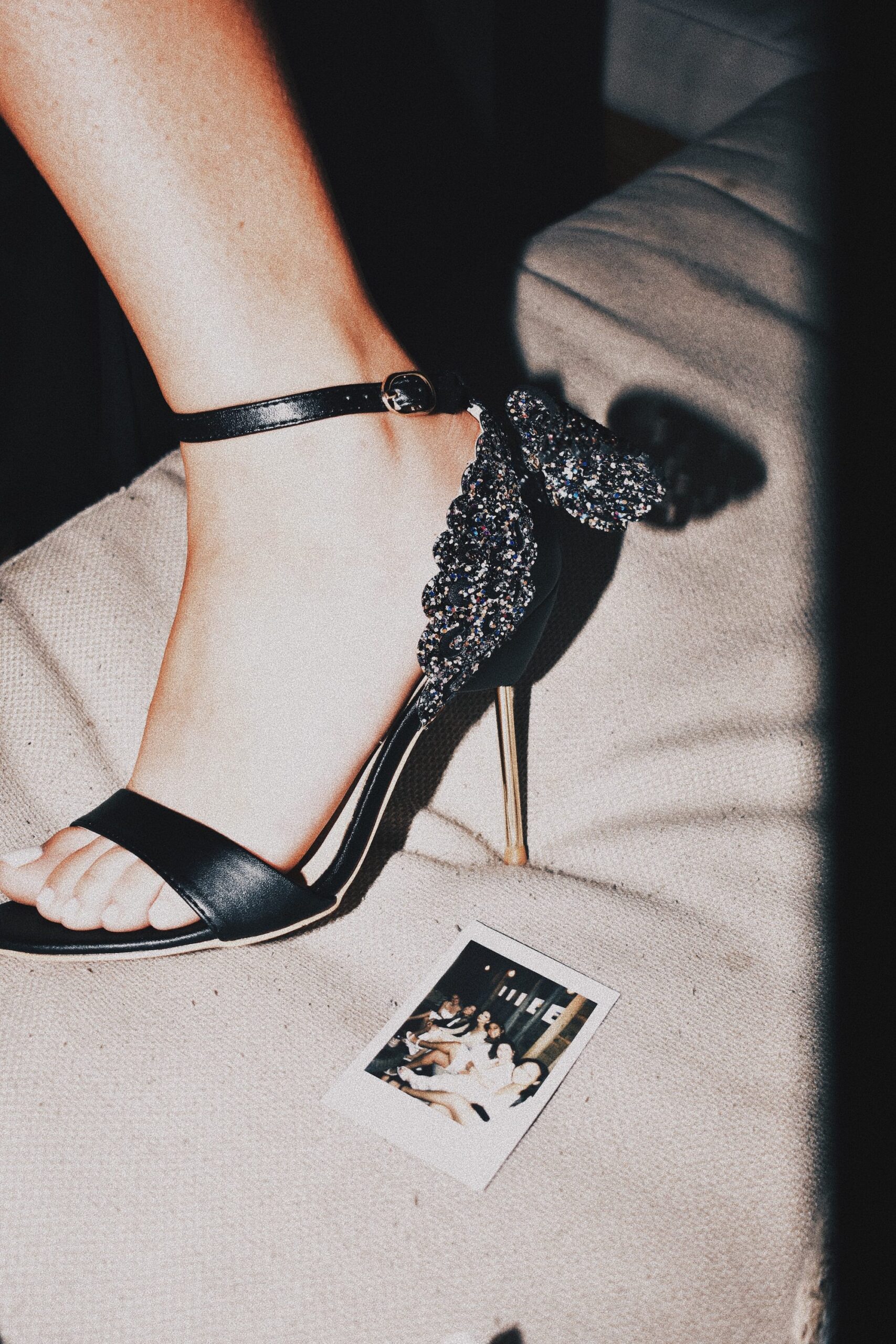 Black Sparkly Heels with Wing Detail and Gold with Bach Party Polaroid | Photographer The Gadabouts Captures