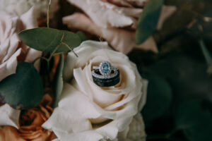 Light Blue Diamond Cushion Cut with Halo Engagement Ring, Bride Wedding Ring, Groom Black Wedding Ring