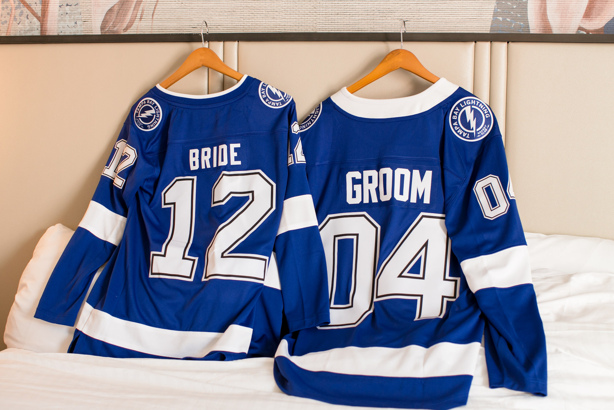 Bride and Groom Tampa Bay Lightning Blue Jerseys | St. Pete Wedding Photographer Carrie Wildes Photography