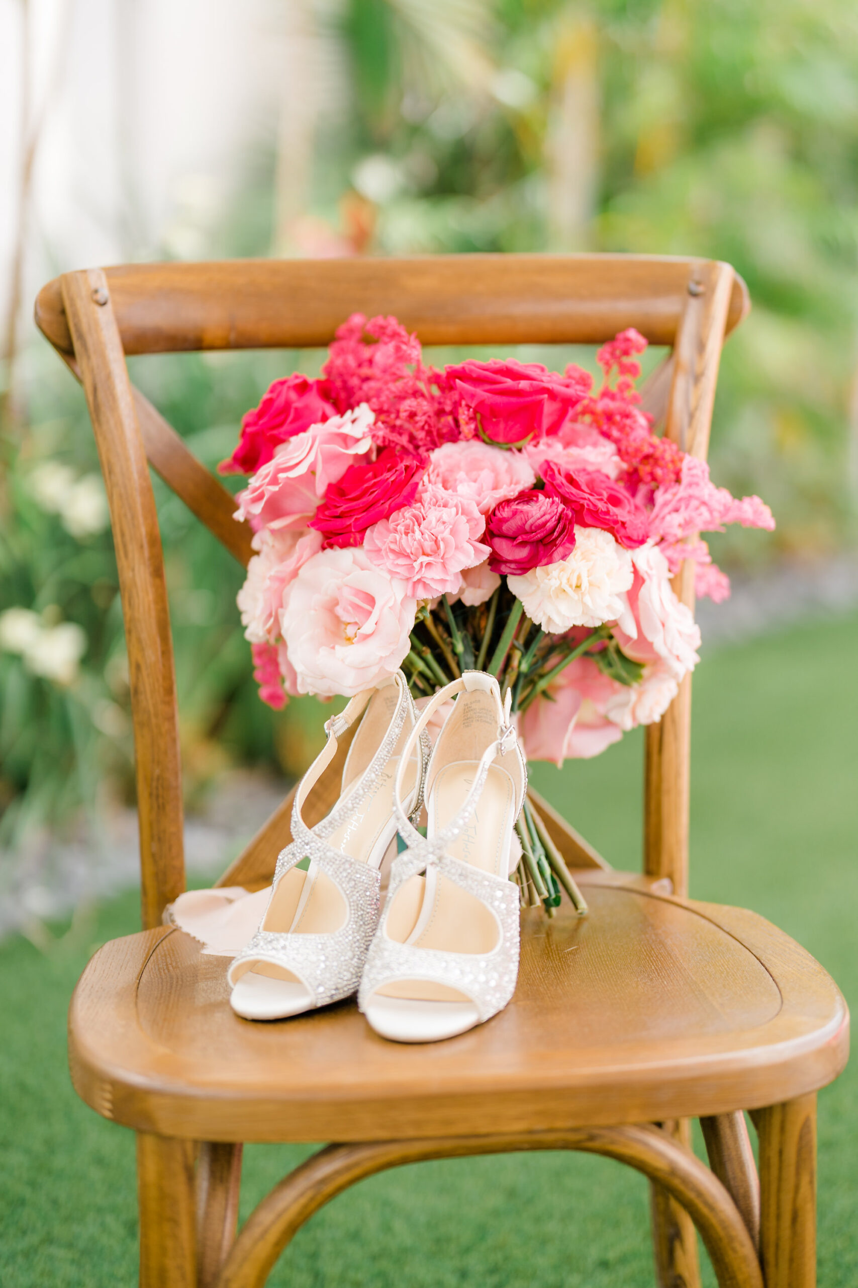 Whimsical Pink Roses Wedding Flower Bouquet, Bride Ivory Crystal Wedding Shoes on Wooden Cross Back Chair