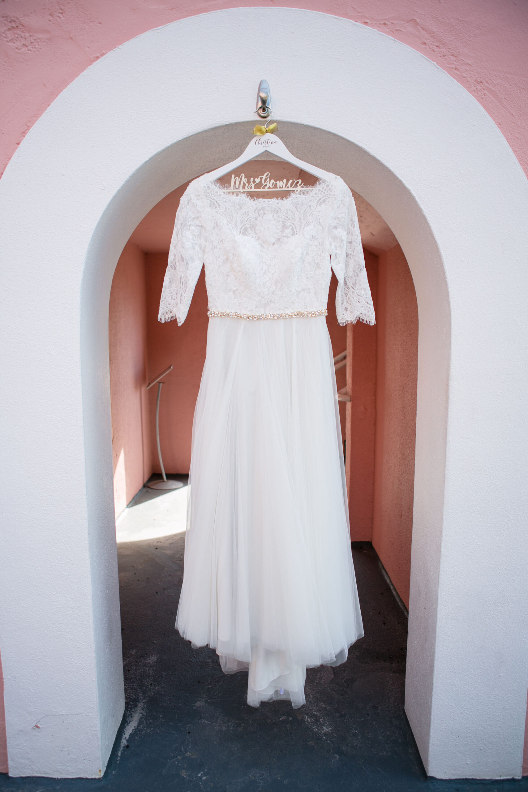Classic Lace Half Sleeve Bodice and Tulle Skirt Wedding Dress with Yellow Gold Rhinestone Belt | Tampa Bay Wedding Photographer Carrie Wildes Photography