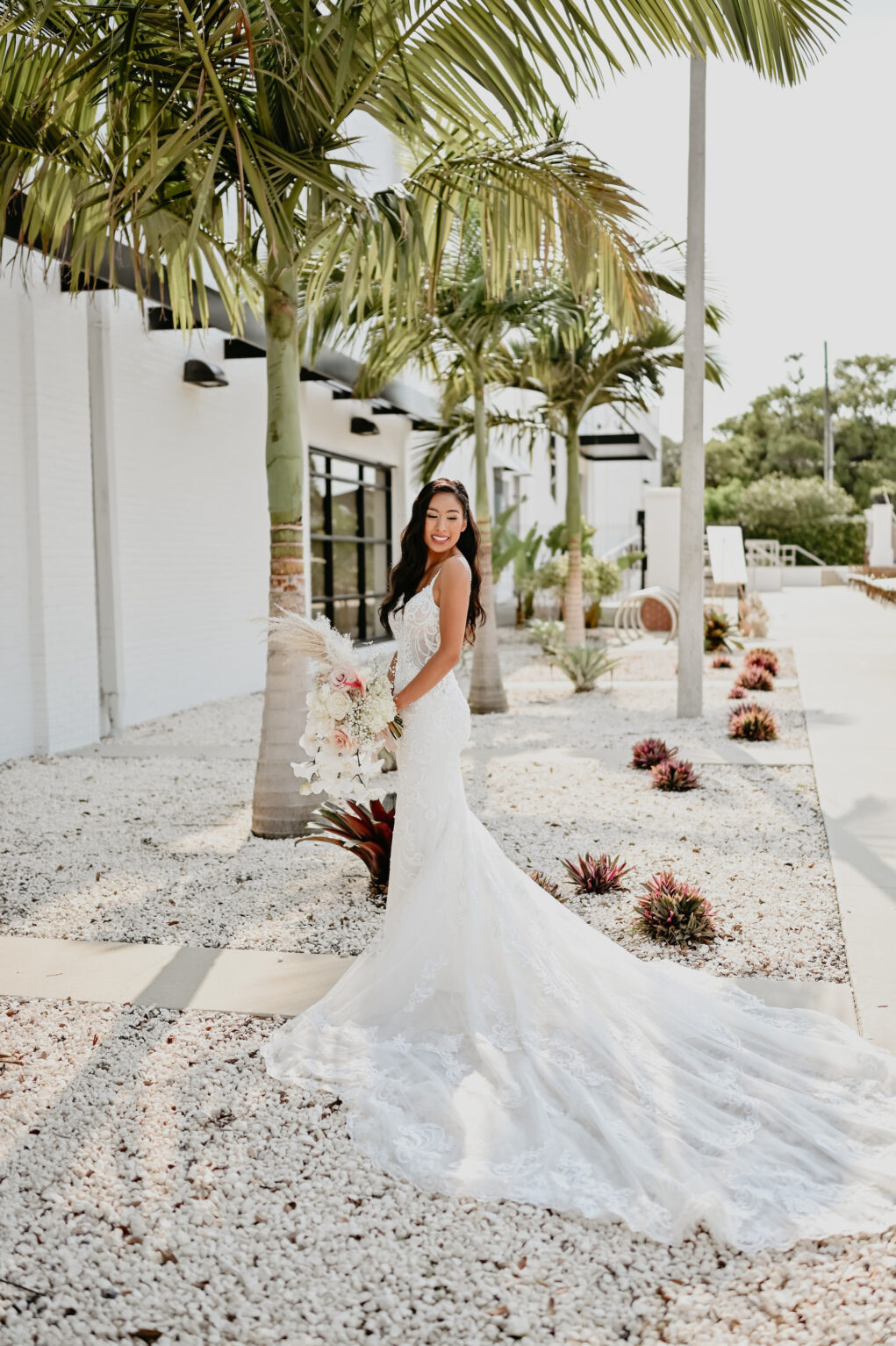 Bridal Wedding Portrait with Long Train Dress and Boho Tropical Bouquet | Florida Wedding Venue Haus 820