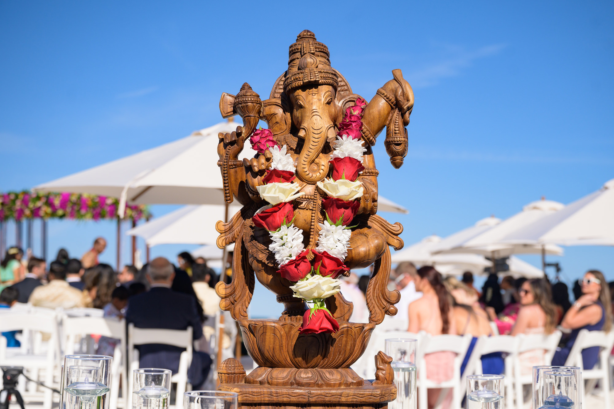 Hindu Wedding Ceremony Decor, Ganesha Elephant Statue Decorated with Red, White and Pink Floral Garland