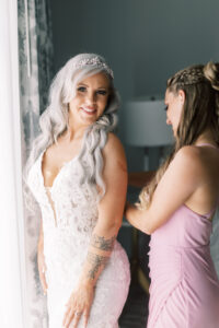 Getting Dressed with Bridesmaid White Lace Maggie Soterro Mermaid Spaghetti Strap Zipper Button Wedding Dress