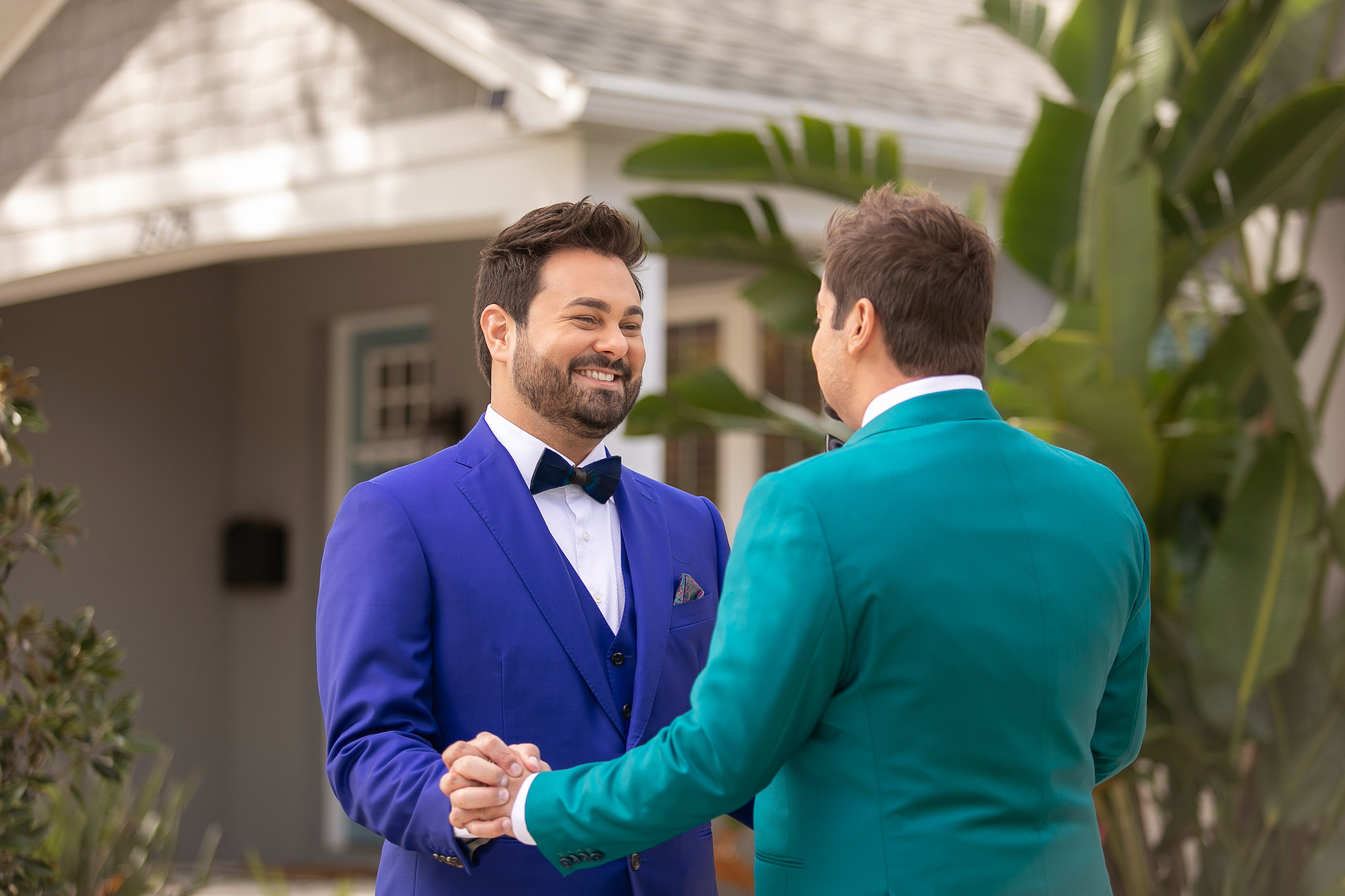 Jewel Toned Groom Suits First Look Wedding Portrait in Tropical Downtown St Pete Wedding | Florida Wedding Photographer Kristen Marie Photography
