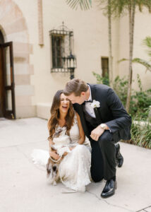 Luxurious Classic Bride and Groom with Dog Wedding Portrait