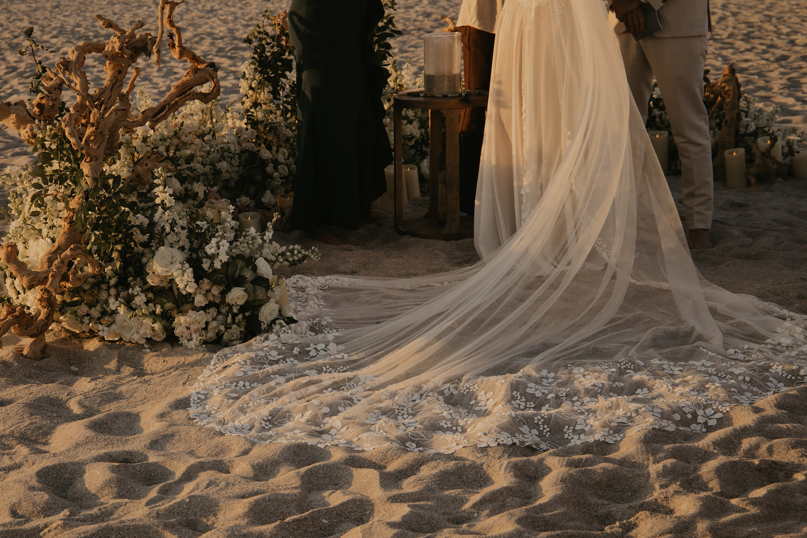 Ivory Lace Cathedral Veil Barefoot Beach Wedding Ceremony | Wedding Dress Ema Savahl Design