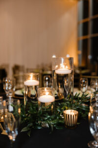 Gold Black and Greenery Wedding Decor with Floating Candles | NYE Wedding Decor