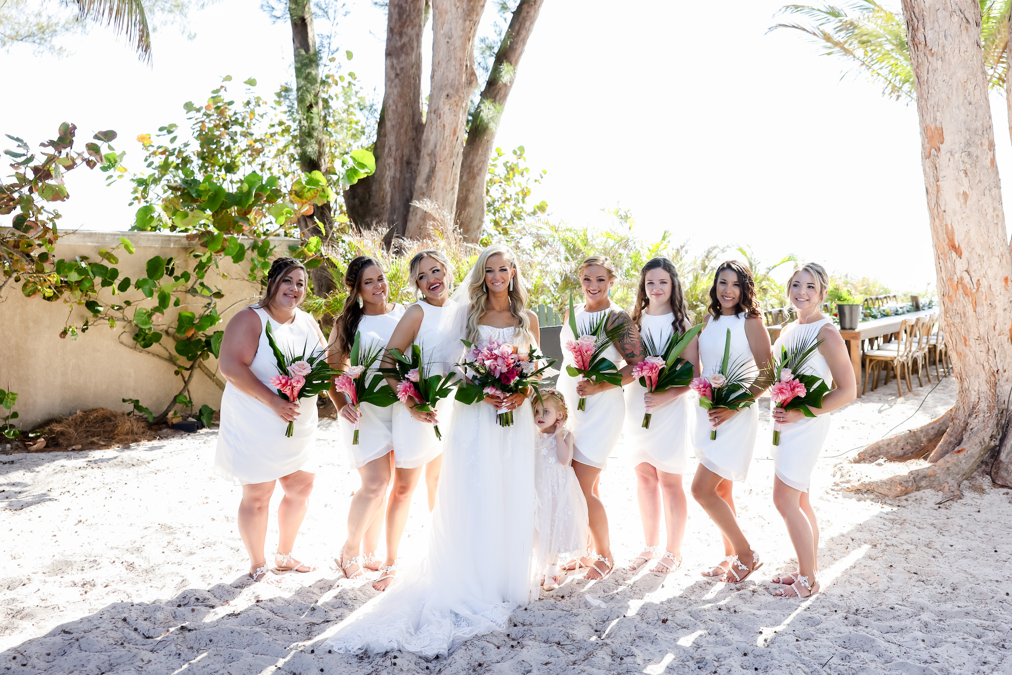 Beachy Knee Length Matching White Bridesmaids Dresses | Tropical Wedding Bouquets | St Pete Hair and Makeup Artist Adore Bridal