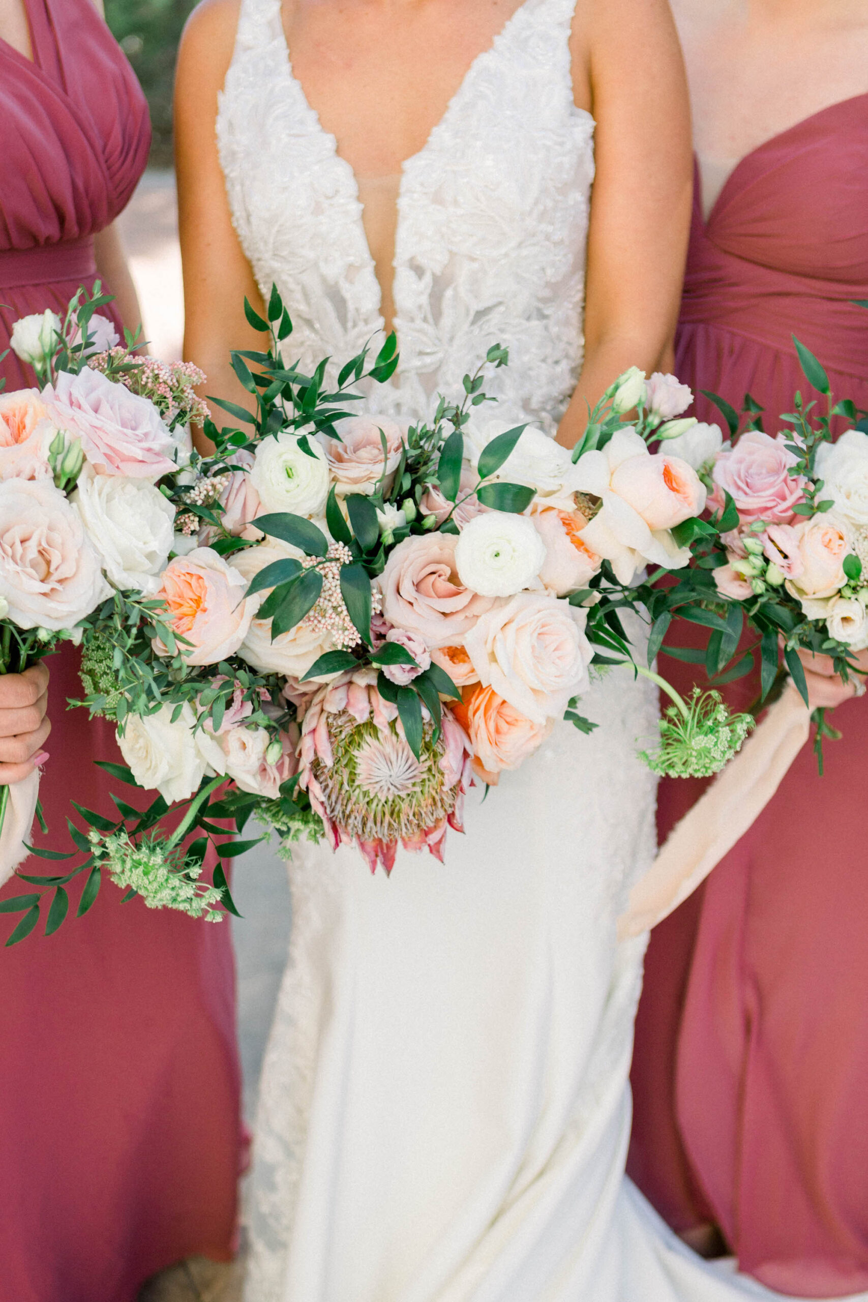 Pastel Pink Roses and King Protea with Greenery Bride and Bridesmaids Wedding Party Bouquets