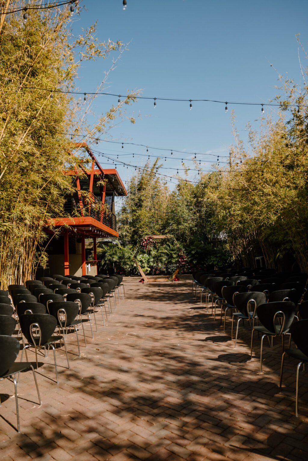 Outdoor Bamboo Garden Wedding Ceremony With Hexagon Geometric Arch and Market Lights | Modern Black Chair Inspiration | Tampa Bay Wedding Venue NOVA 535