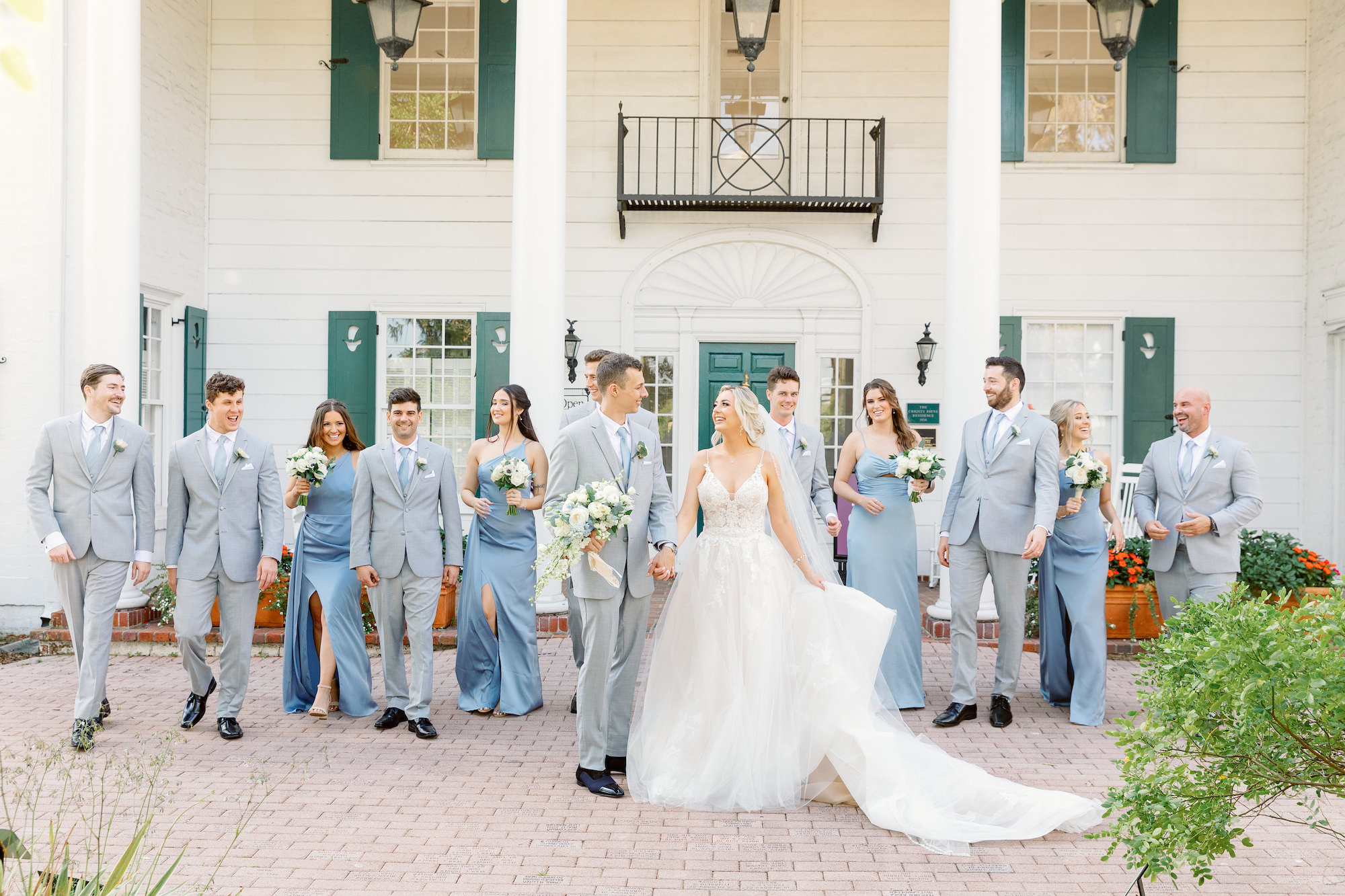 Bridal Party Attire Ideas for Spring Garden Wedding | Matching Dusty Blue Bridesmaids Dresses | Groomsmen Light Gray Suit