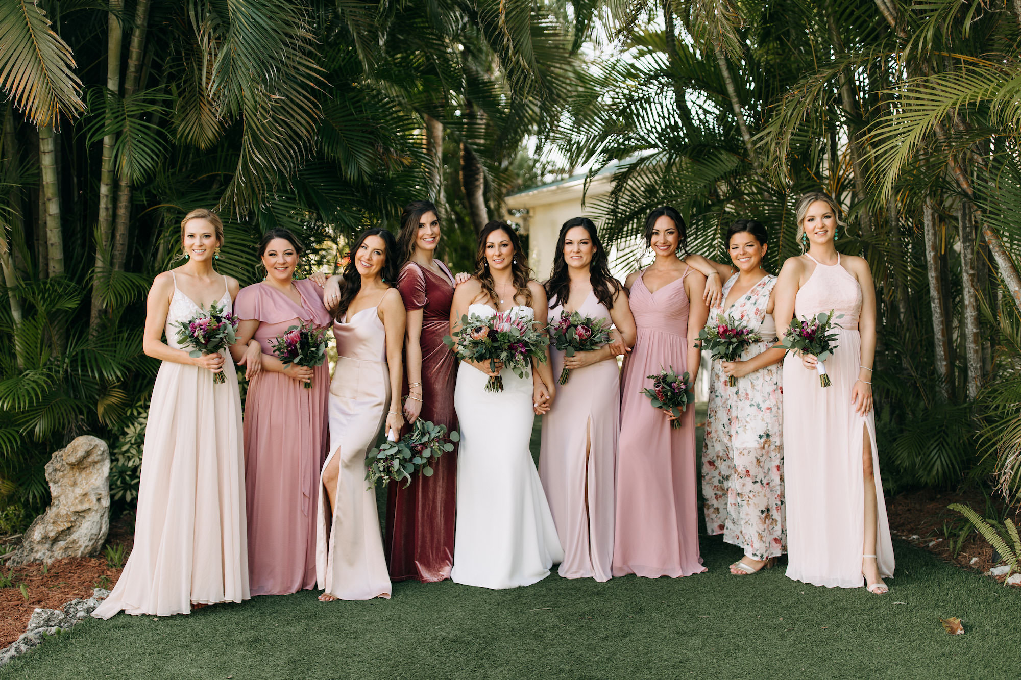 Mismatched Dusty Rose Light Pink Bridesmaids Wedding Dresses | Outdoor Tropical Bohemian Wedding Inspiration | Sarasota Florist Beneva Weddings
