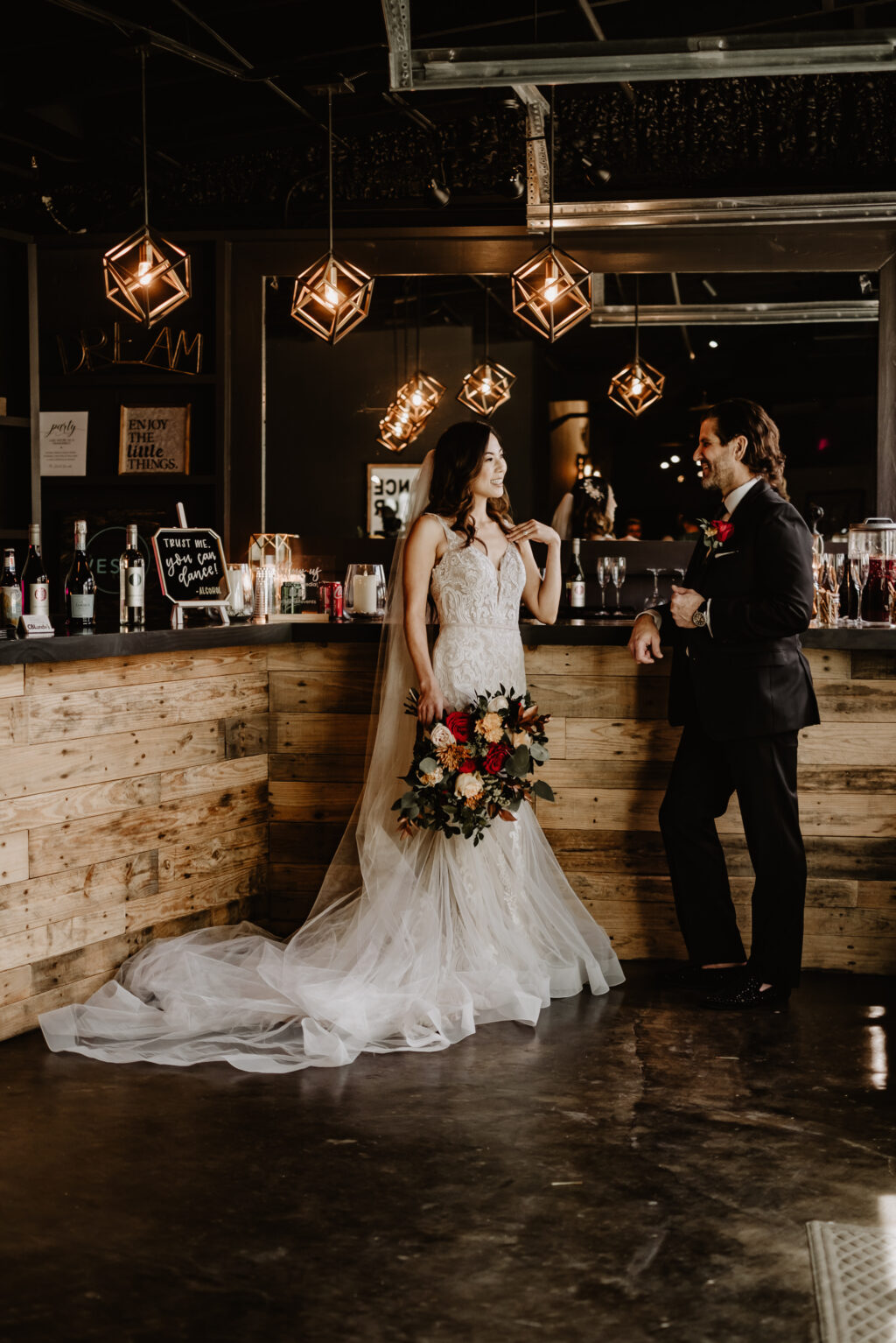 Moody Wedding Reception Bar With Geometric Lighting | Tampa Bay Wedding Venue The West Events | Dress Truly Forever Bridal