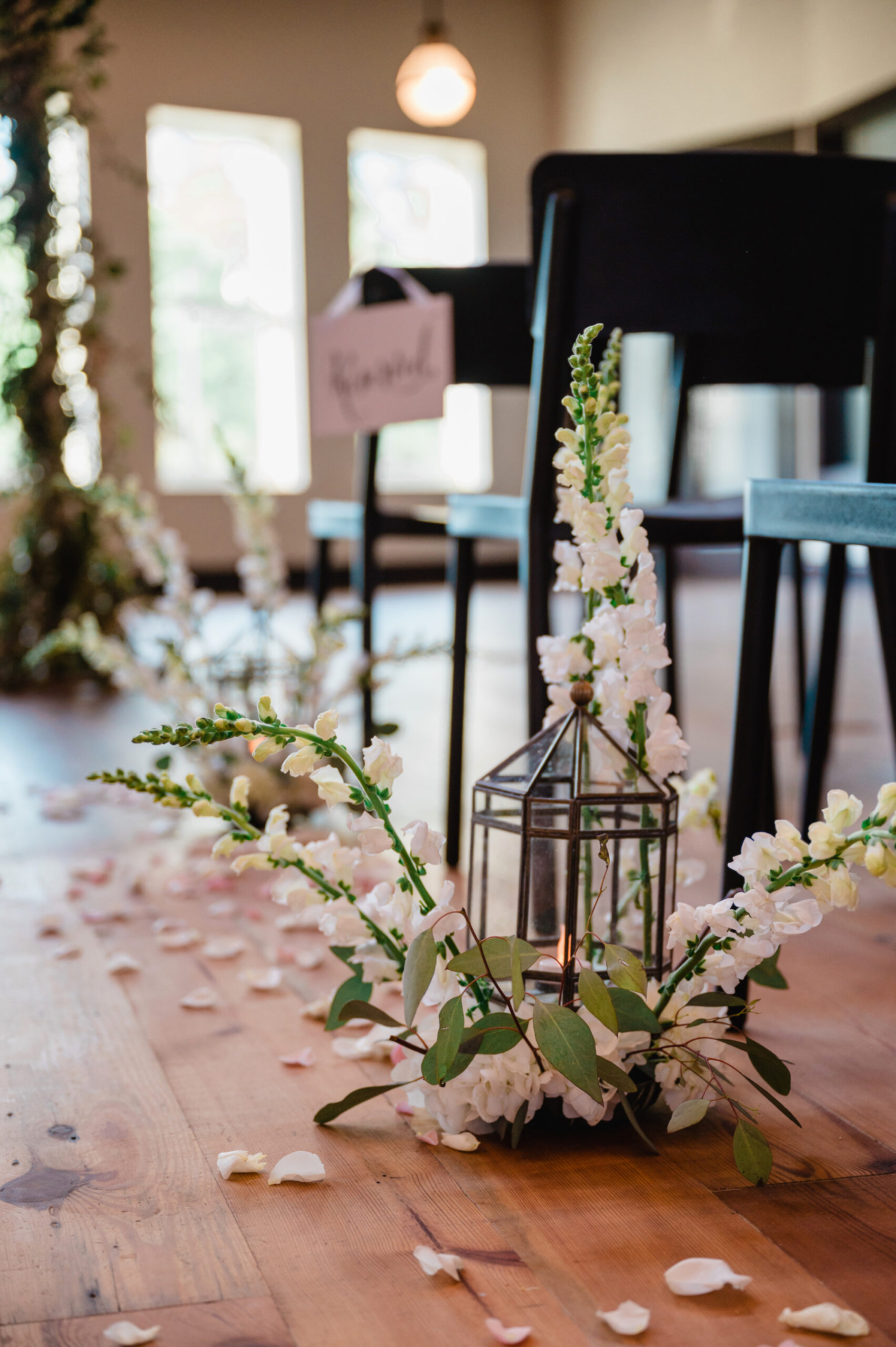 Lantern and White Spring Garden Floral Aisle Arrangements | Wedding Ceremony Decor Ideas