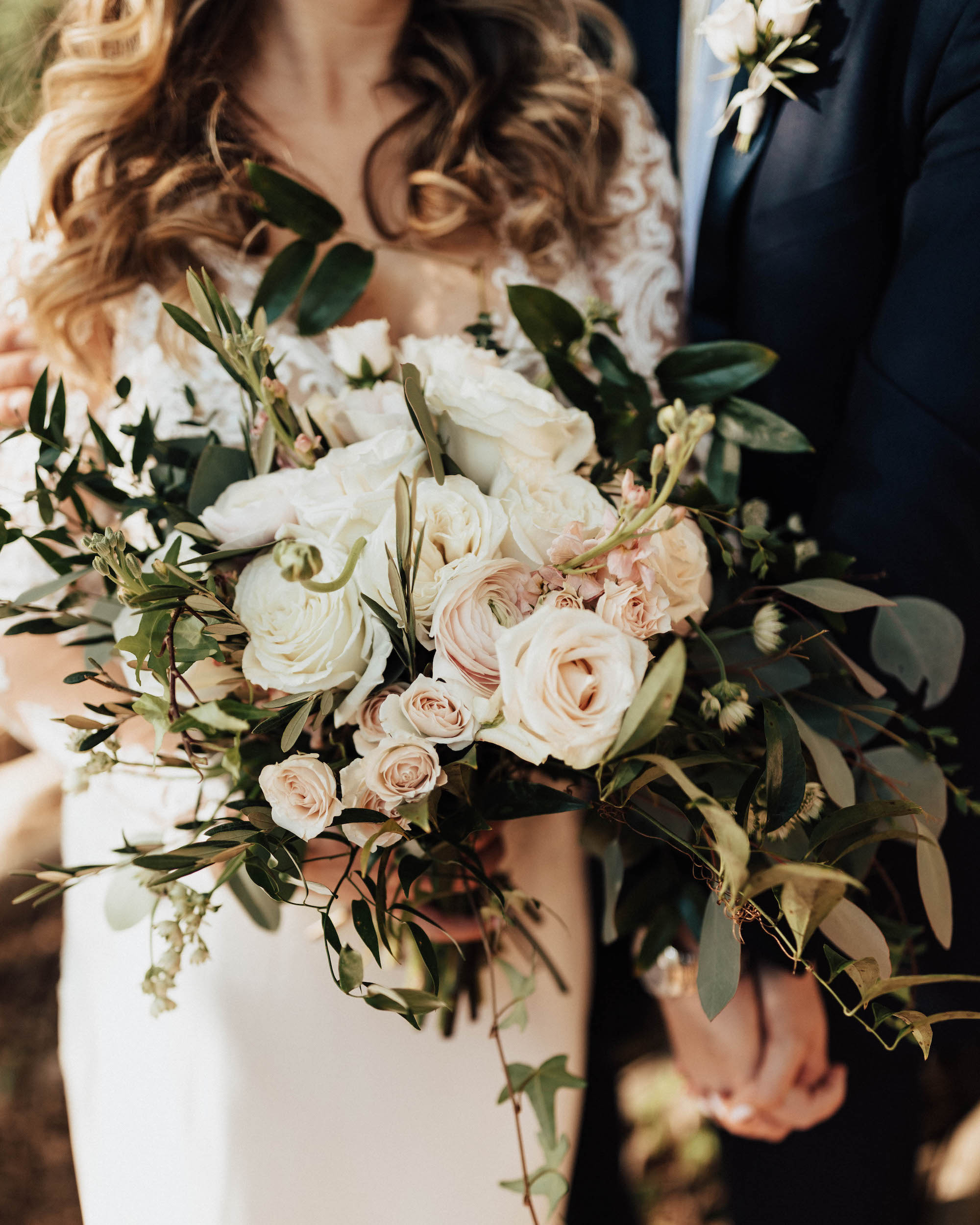 White Blush and Cream Floral Bouquets with Greenery Details