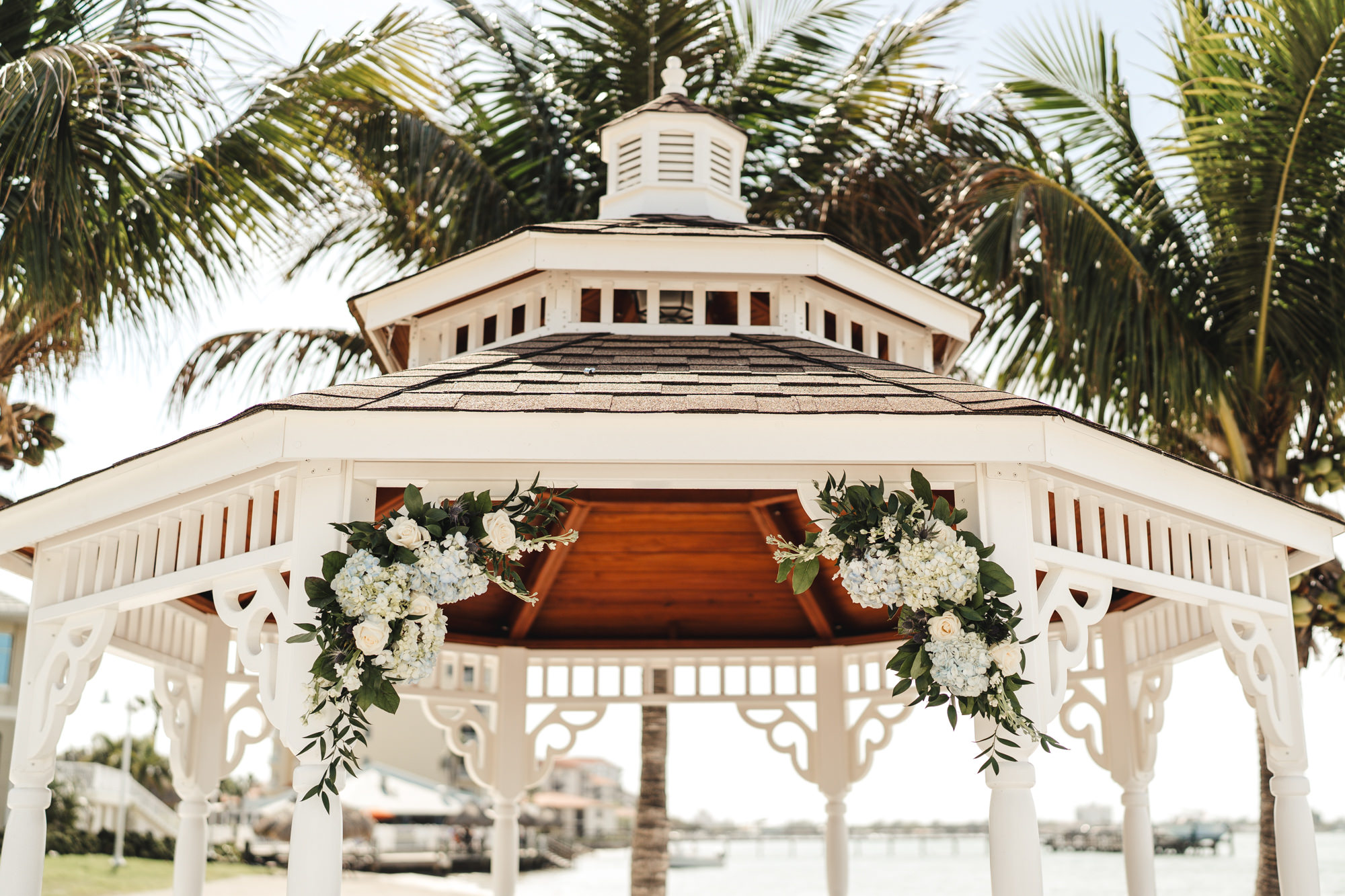 Tropical Beach Wedding Ceremony Gazebo Decor Ideas | Hydrangea Floral Arrangements