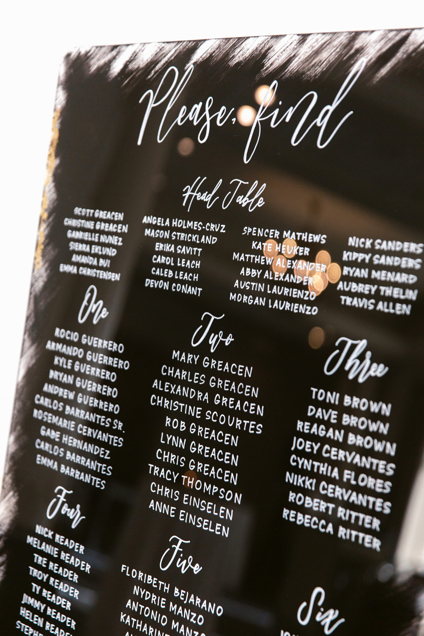 Modern Timeless Seating Chart, Acrylic Sign with Black Paint Background and White Calligraphy Lettering