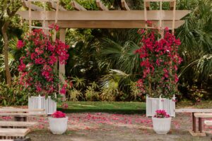 Eclectic Pink Fuchsia Bougainvillea Flowers Pergola Decor Outdoor Ceremony
