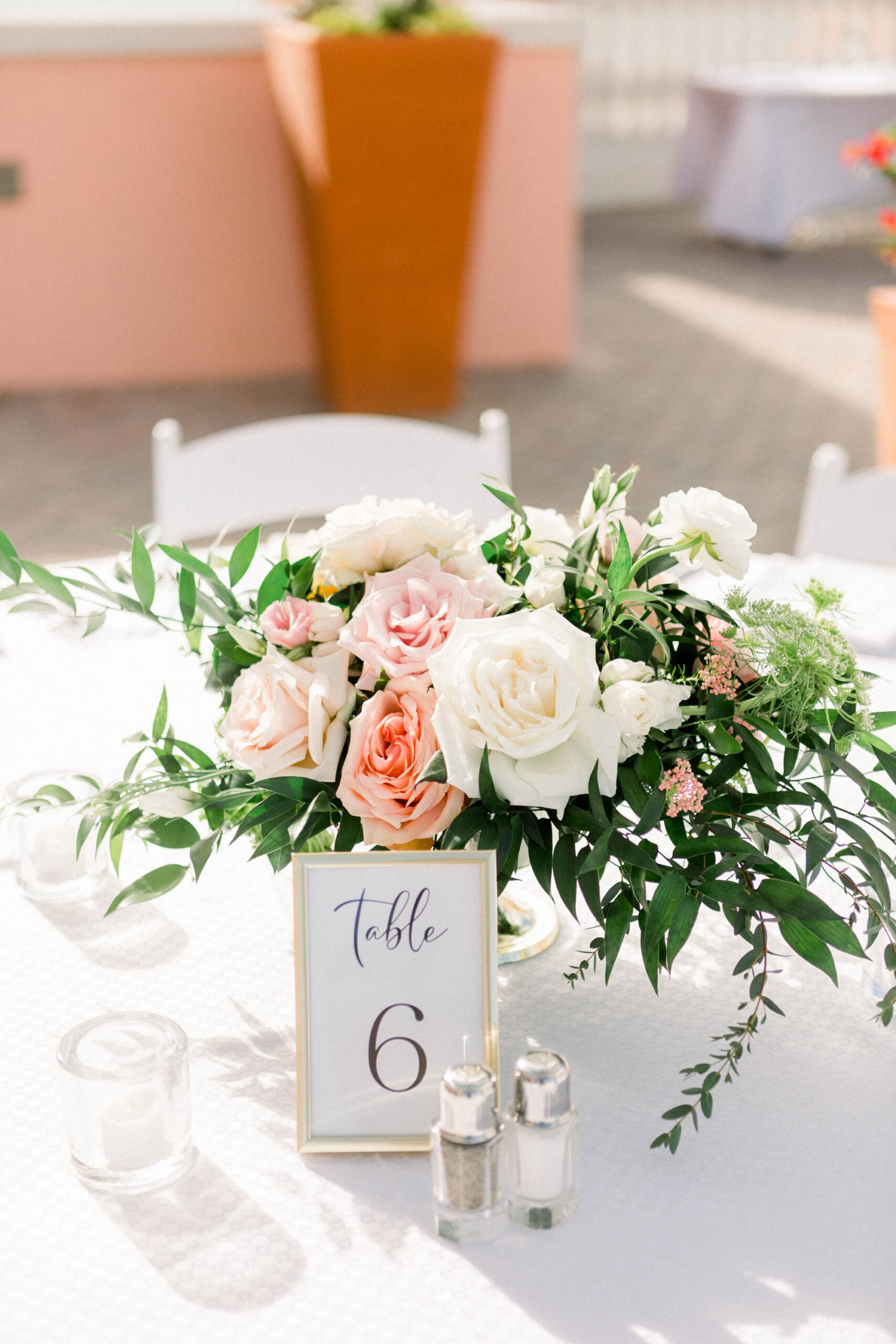 Pastel Spring Pink Roses with Greenery Centerpieces | Gold Frame Table Numbers Reception Decor Ideas