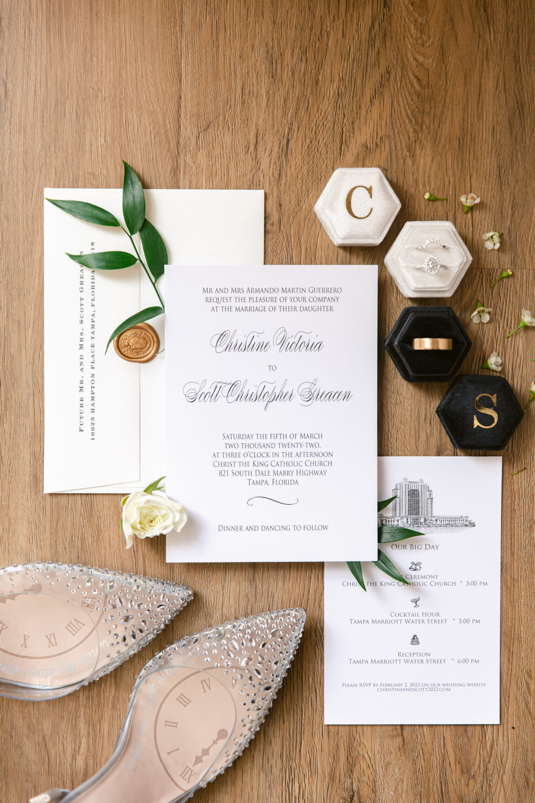 Classic Black and White Wedding Invitation Suite with Sophisticated Lettering, Monogram Hexagon Velvet Ring Box, Aldo Wedding Shoes