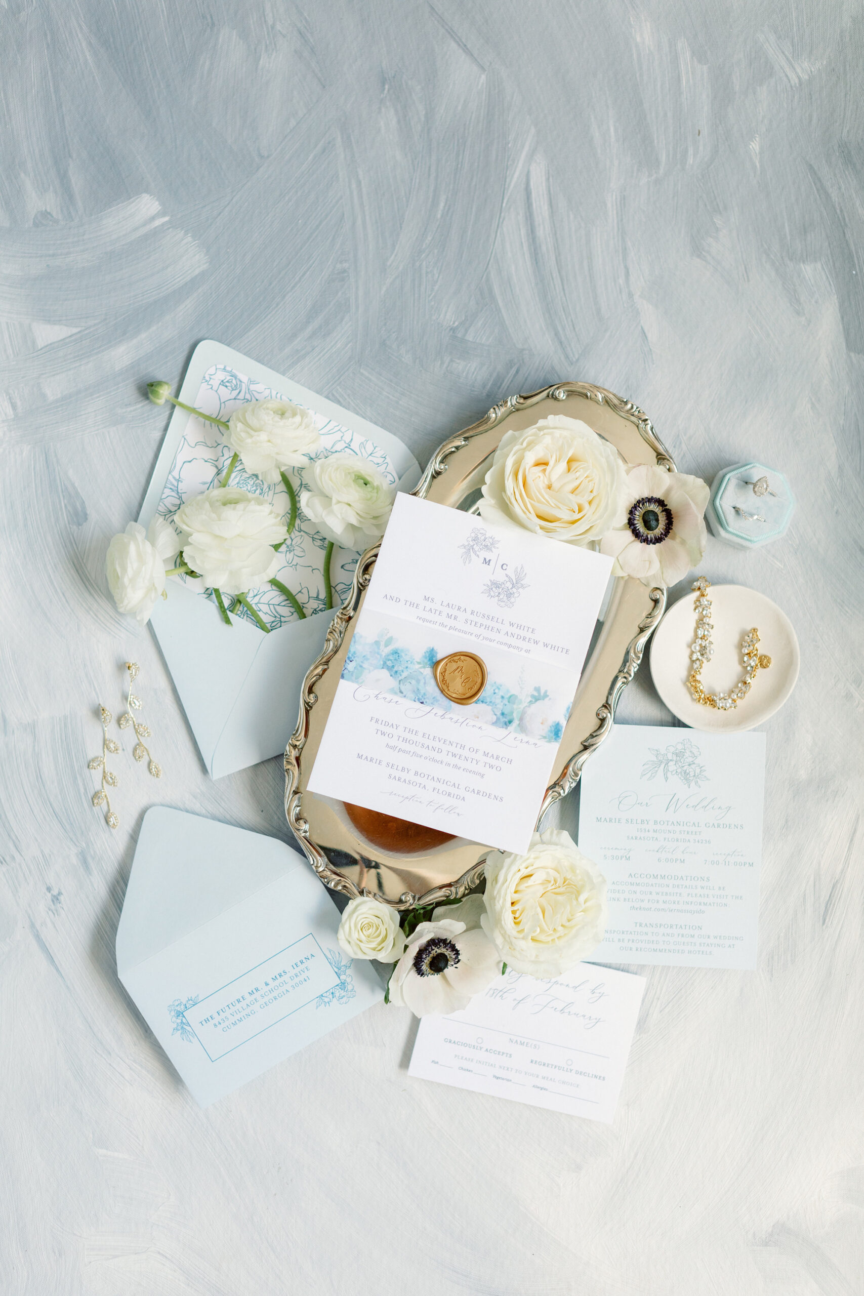 Romantic Pastel Light Dusty Blue Floral Wedding Invitation Suite