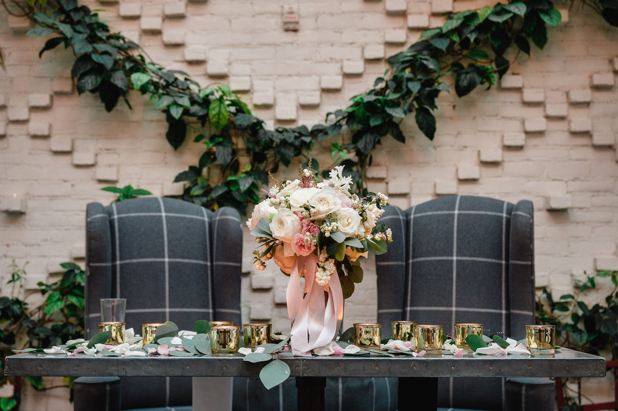 Sweetheart Head Wedding Reception Table | Gold Mercury Glass Candle Votives | Reception Decor Ideas