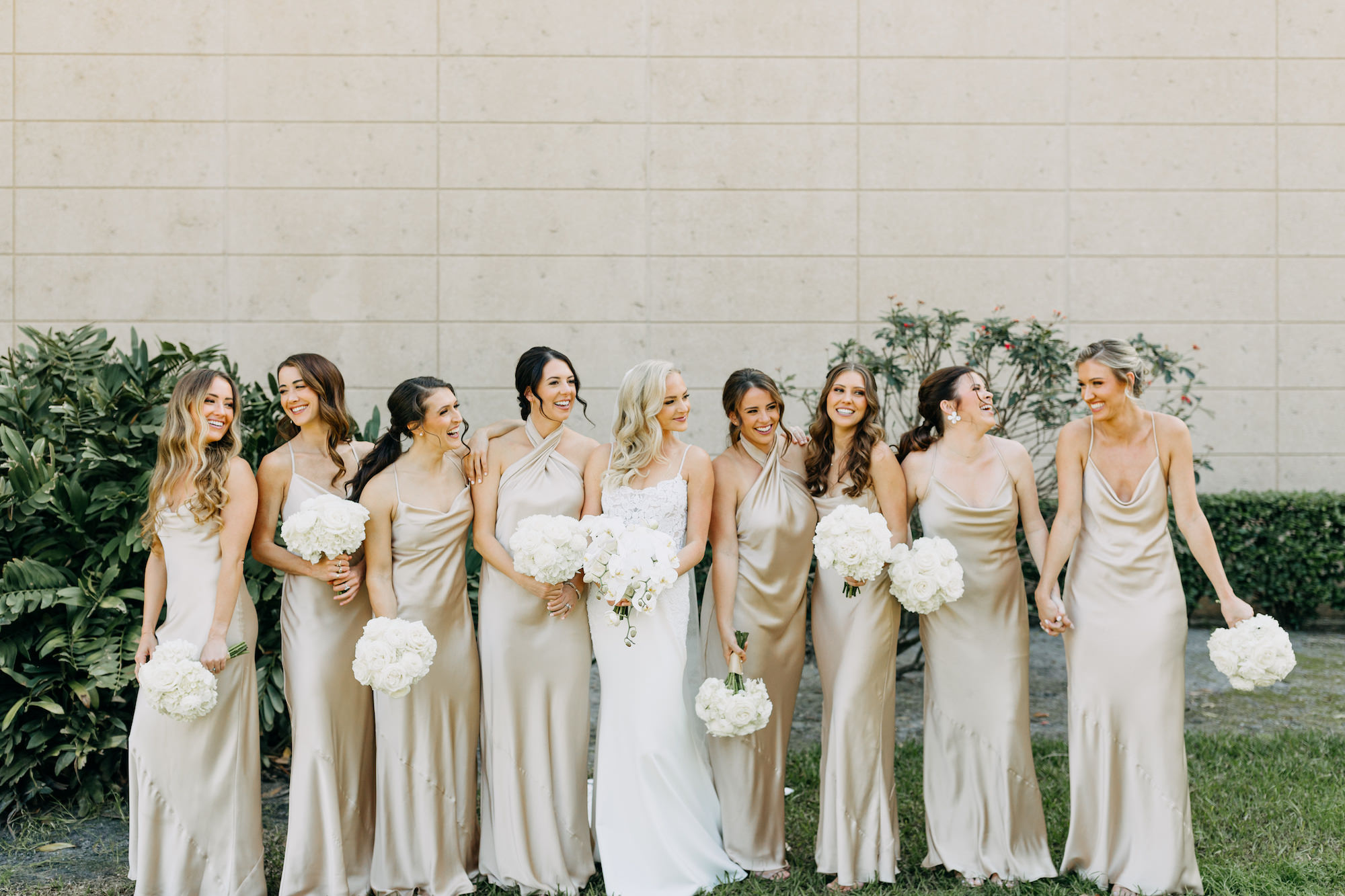 Neutral Satin Champagne Mismatched Bridesmaids Wedding Dress Inspiration