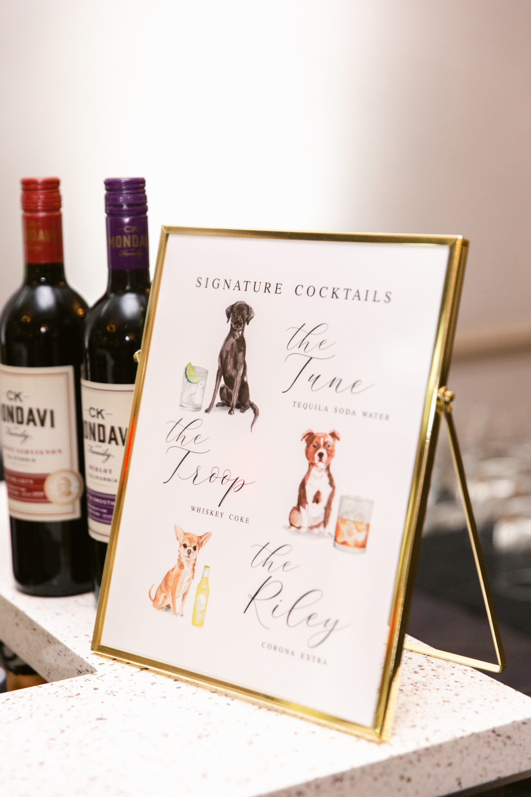 Gold Signature Cocktails Bar Wedding Sign with Pet Drawing, Couples Pet As Signature Drink