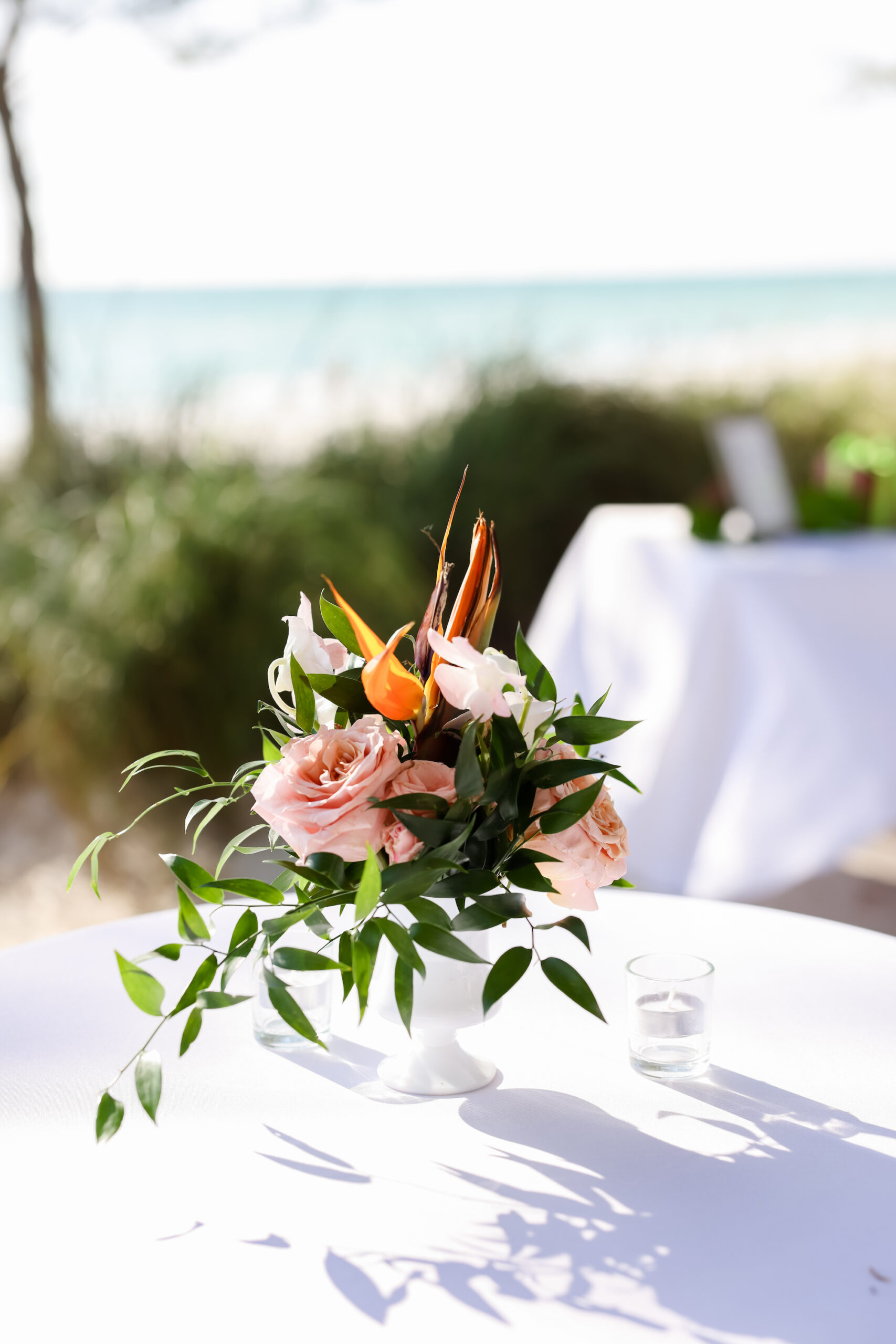 Cocktail Hour Pink, Orange, And Greenery Floral Centerpieces | St Pete Wedding Florist Save The Date Florida