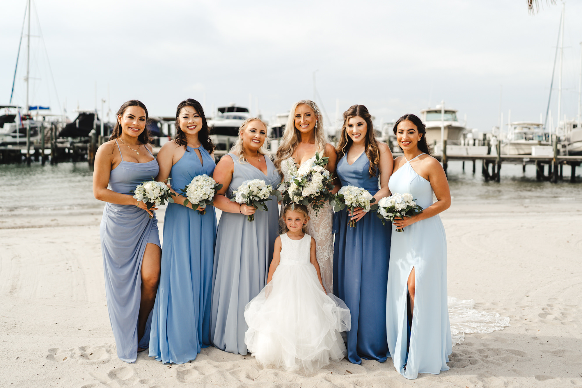 Mismatched Light Blue Dusty Blue Sky Blue Bridesmaids Dresses | Beach Bridal Party Wedding Inspiration