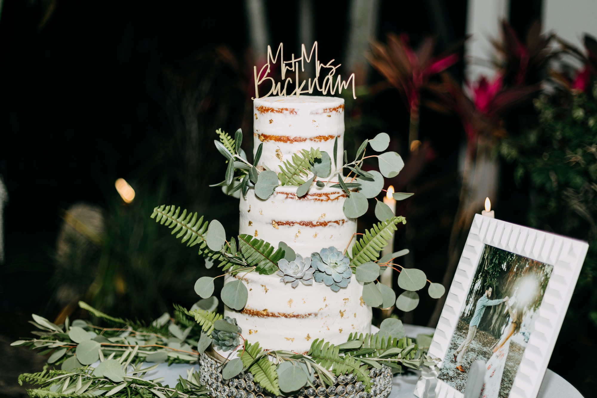 Semi-Naked Boho Rustic Three-Tiered White Wedding Cake with Greenery and Eucalyptus Greenery | Personalized Cake Topper
